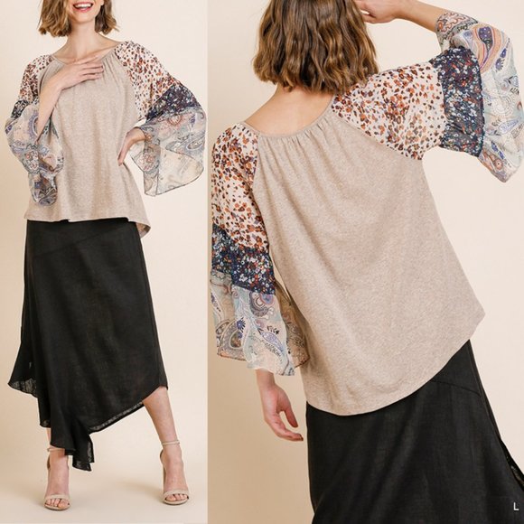 Umgee Tops - Oatmeal Linen Sheer Paisley Top {Umgee}